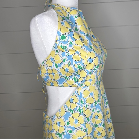 NWT Zara Cut Out Halter Mini-Dress Blue and Yellow Floral - Picture 3 of 5